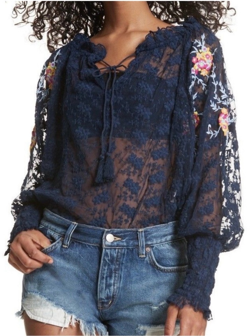 Free People Jubilee Floral Embroidered Lace Blouse Navy Blue Medium Long Sleeve
